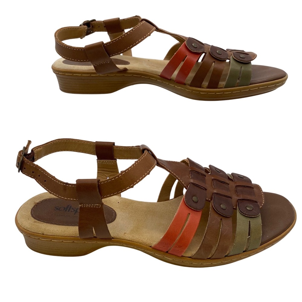 Softspots Strappy Sandals Womens 8.5M Brown Multi Leather Wedge Pillowtop